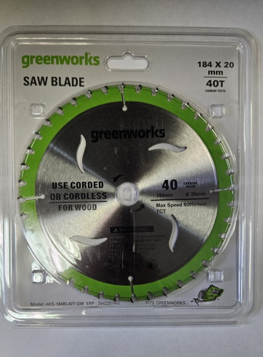Диск пильный  по дереву для циркулярной пилы Greenworks, Арт. 2943307, 184x20 мм, 40T P/N: 2943307 P/N: 2943307