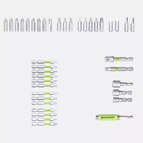 Набор бит, торцевых головок и адаптеров в кейсе Greenworks Арт. 2944207, 40 шт. P/N: 2944207 P/N: 2944207